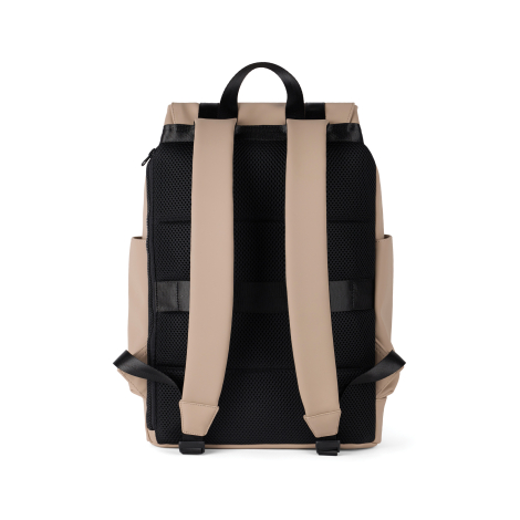 Vue arrière d'un sac à dos beige avec panneau dorsal noir en maille respirante, deux bretelles rembourrées assorties au sac, san