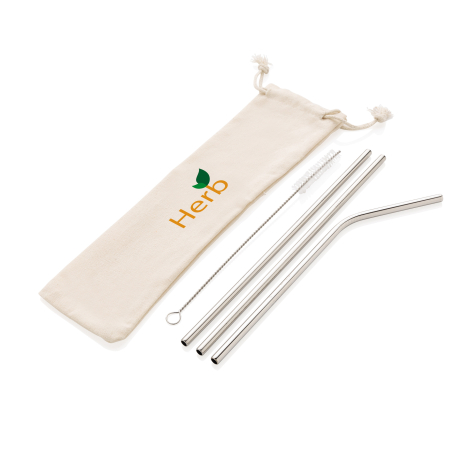 Set publicitaire de 3 pailles inox avec pochette coton
