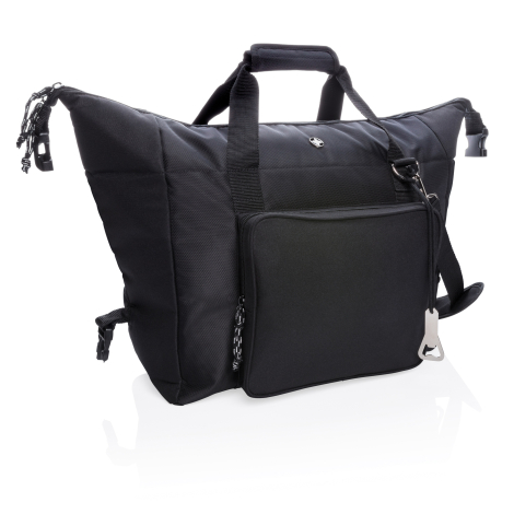 Sac isotherme cabas noir présenté de trois quarts en configuration déployée, avec extrémités supérieures relevées, sangles latér