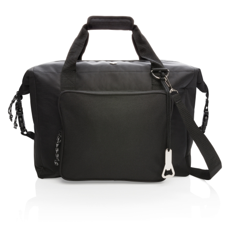 Vue de face du sac isotherme noir en configuration compacte, avec grande poche frontale rectangulaire zippée, deux poignées réun