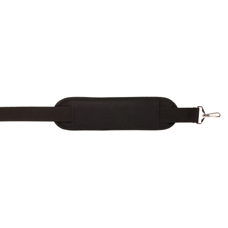 Bandoulière noire du sac isotherme présentée à plat, avec large renfort d'épaule rectangulaire rembourré au centre, sangle texti