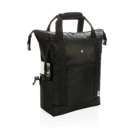 Sac isotherme XXL noir présenté de trois quarts, avec extrémités supérieures déployées, poignées renforcées, poche frontale zipp