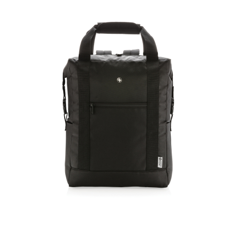 Vue de face du sac isotherme XXL noir, avec deux larges sangles verticales prolongées par des poignées réunies sous un renfort r