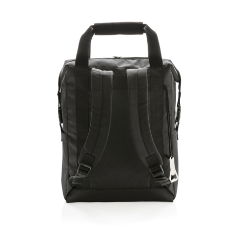 Vue arrière du sac isotherme noir équipé de deux bretelles rembourrées et réglables, d'un panneau dorsal en tissu maillé, de poi