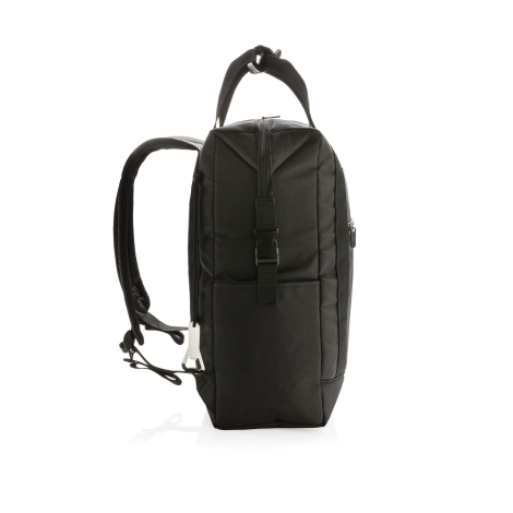 Vue latérale du sac isotherme noir montrant son épaisseur, une fermeture zippée supérieure, une sangle verticale avec boucle à c