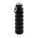 Bouteille pliable noire en silicone entièrement déployée, avec corps cylindrique à larges anneaux superposés, bouchon argenté à 