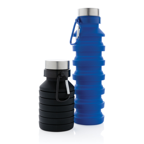 Deux bouteilles pliables en silicone présentées côte à côte : modèle noir compacté à gauche et modèle bleu entièrement déployé à