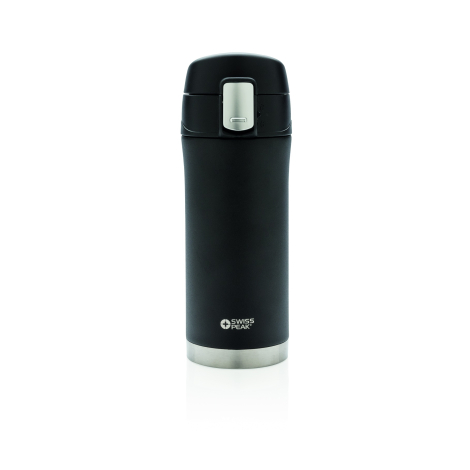 Vue de face d'un mug isotherme noir mat au corps légèrement évasé vers le bas, avec bouchon arrondi, bouton de fermeture argenté